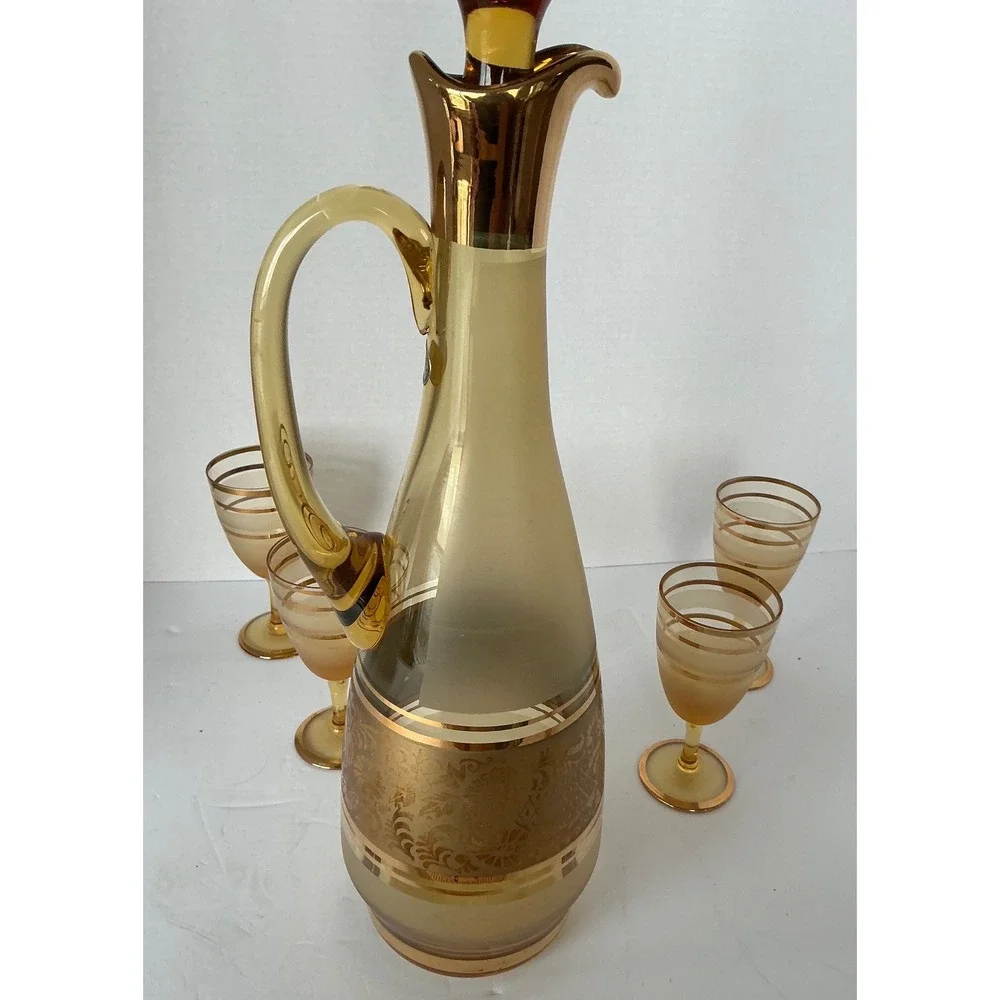 Bohemia‎ Crystal Vintage Amber Glass Decanter Set Gold Encrusted Floral 5pc MCM
